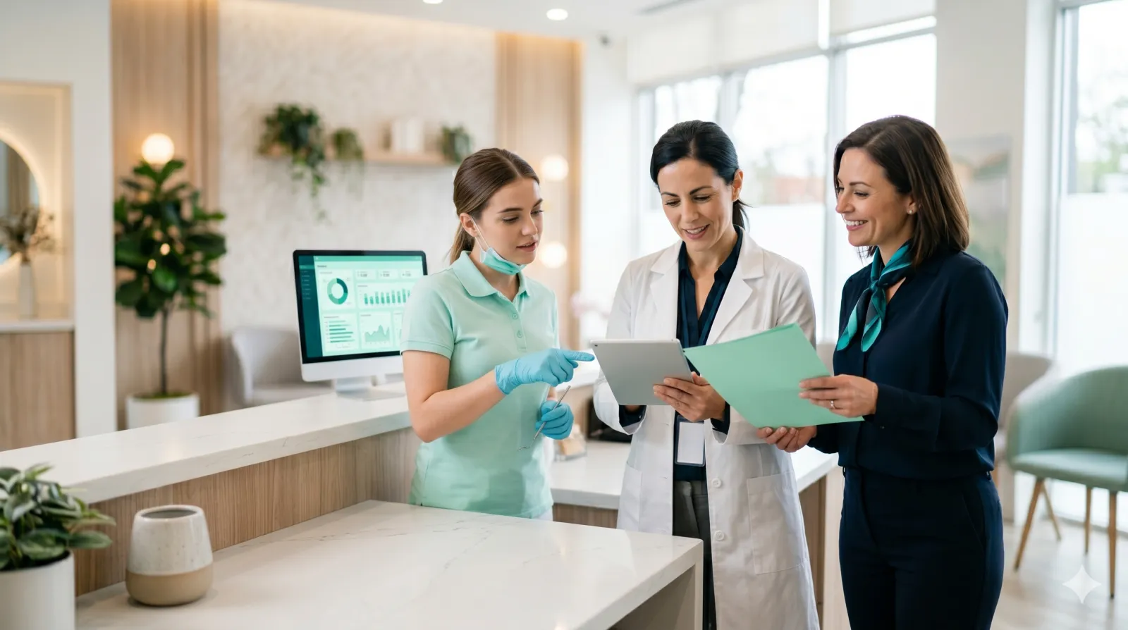 Equipo de una clínica dental trabajando coordinado: dentista, recepción y asistente
